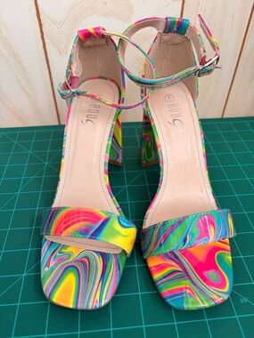 Rouge! Neon Multicolor Disco Swirl Block Heel Sandals